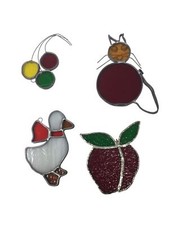 Vintage Colorful Stained Glass Sun Catchers 4 - Duck, Cat, Apple