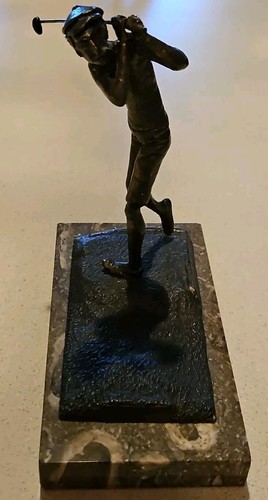 Vintage Bronze Sculpture Golf Statue Figure w/ Marbel Base, Marked & Rare 1971
