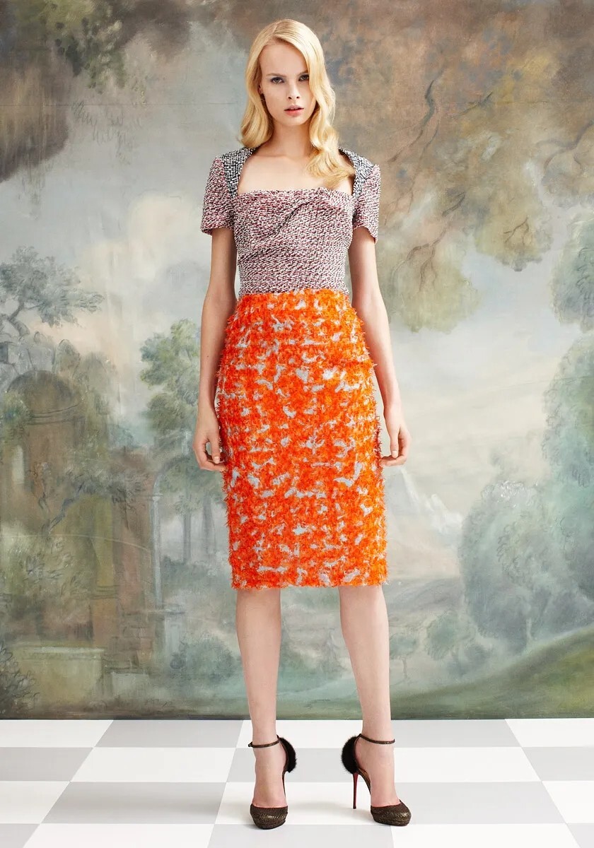 MICHAEL VAN DER HAM Pencil Fringe Skirt UK 12 Orange Blue Textured