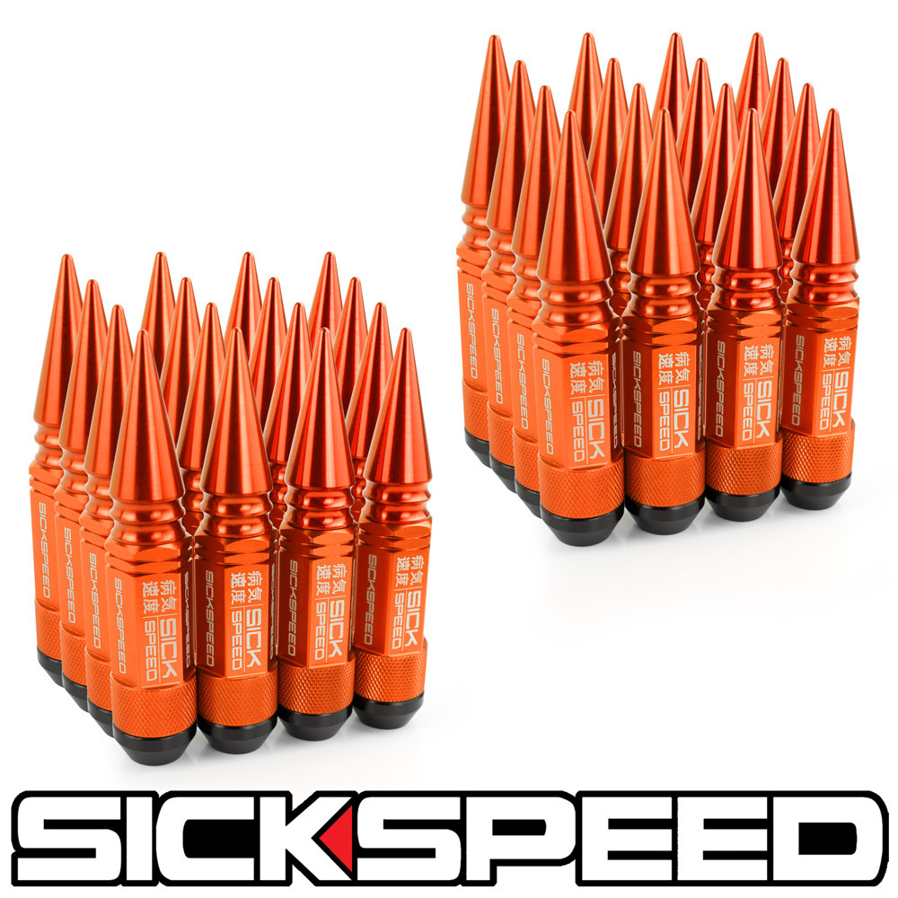 SICKSPEED 32PC ORANGE SPIKED ALUMINUM EXTENDED 108MM 3 PC LUG NUTS