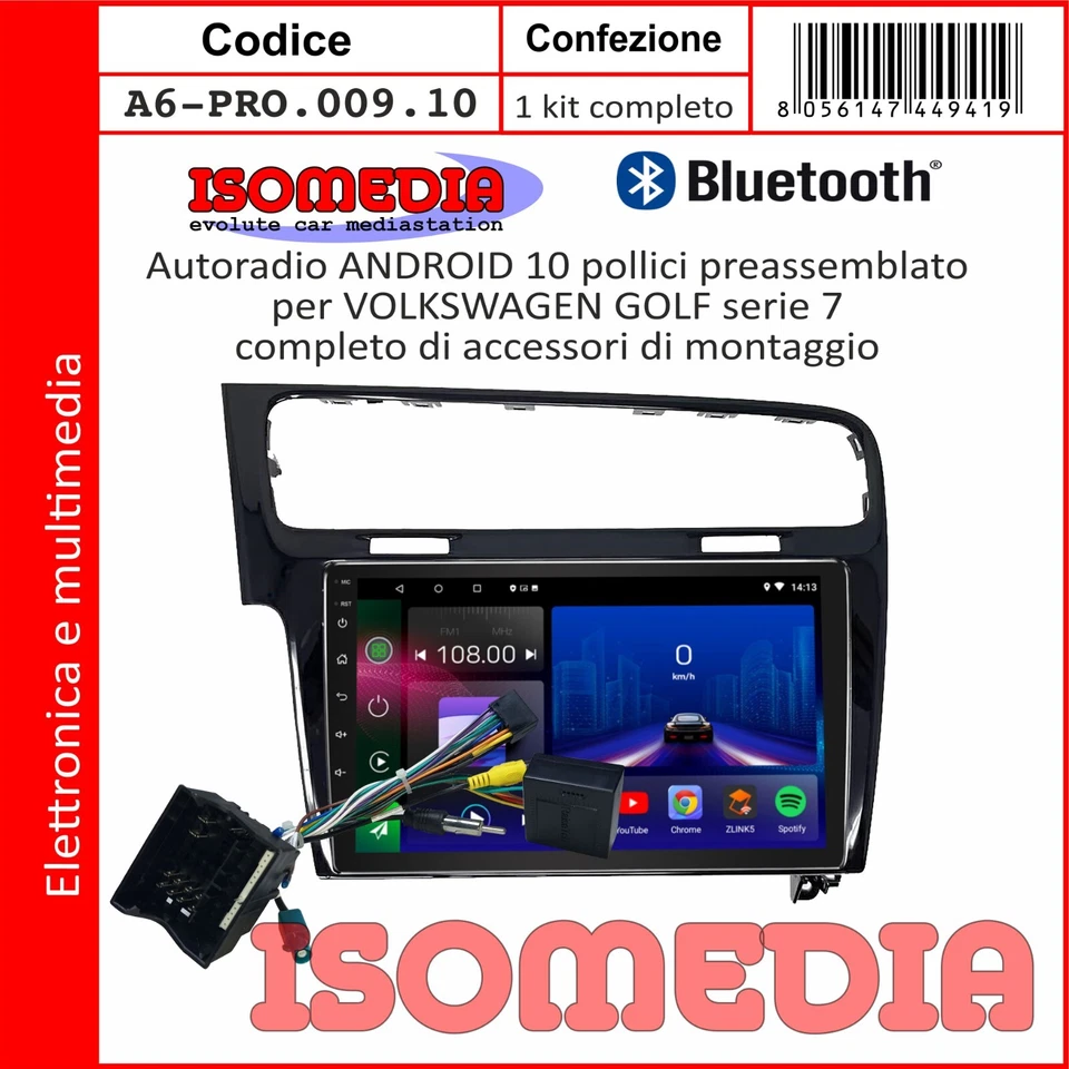 AUTORADIO ANDROID 10" VOLKSWAGEN GOLF VII DAL 2012 KIT 4 + 64GB BT USB. - Immagine 3 di 4