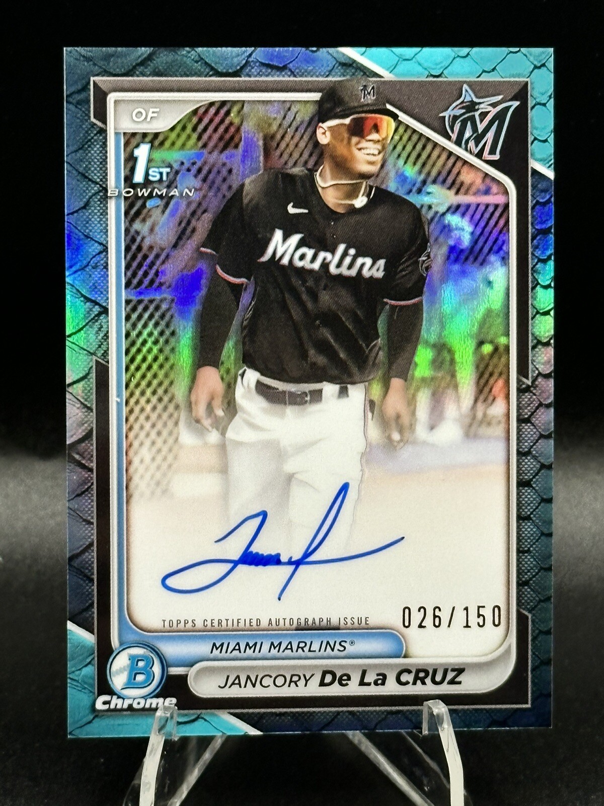 JANCORY DE LA CRUZ 2024 BOWMAN CHROME BLUE REPTILIAN AUTO /150 CPA-JDL MARLINS