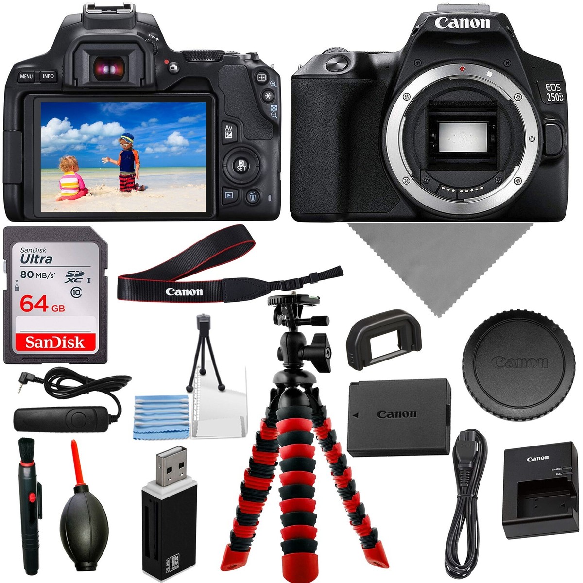 Canon EOS 250D BODY Bundle: Sturdy Tripod, 64GB Memory Card, USB