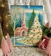 Retro Christmas, Pink Church, Shabby Chic Handcrafted Plaque / Sign