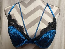 FREDERICK'S OF HOLLYWOOD Blue Velvet and Black lace bra duel strap Sz S/M