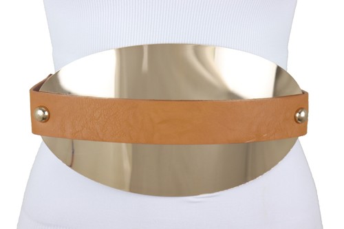 Women Brown Elastic Wide Hood Street Look Fashion Belt Oval Gold Metal Plate S M - Picture 3 of 12