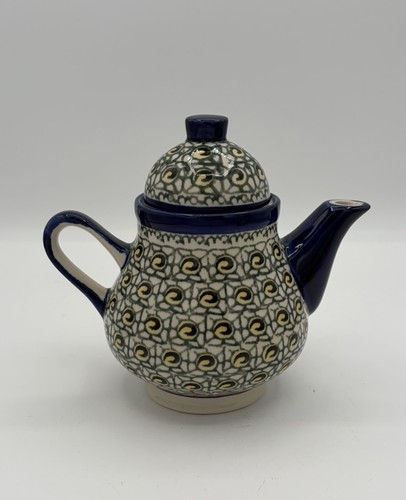 Boleslawiec Polish Pottery Yellow Dots Green Design Hand Painted Small Teapot 6"