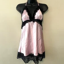 vtg Seven Til Midnight Lingerie Babydoll Top thong set S Y2k Pink Satin Lace