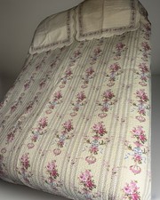 3 PC COZY COTTAGE IVORY YELLOW W/PINK ROSE BLUE GREEN VINE FLORAL KING QUILT EUC