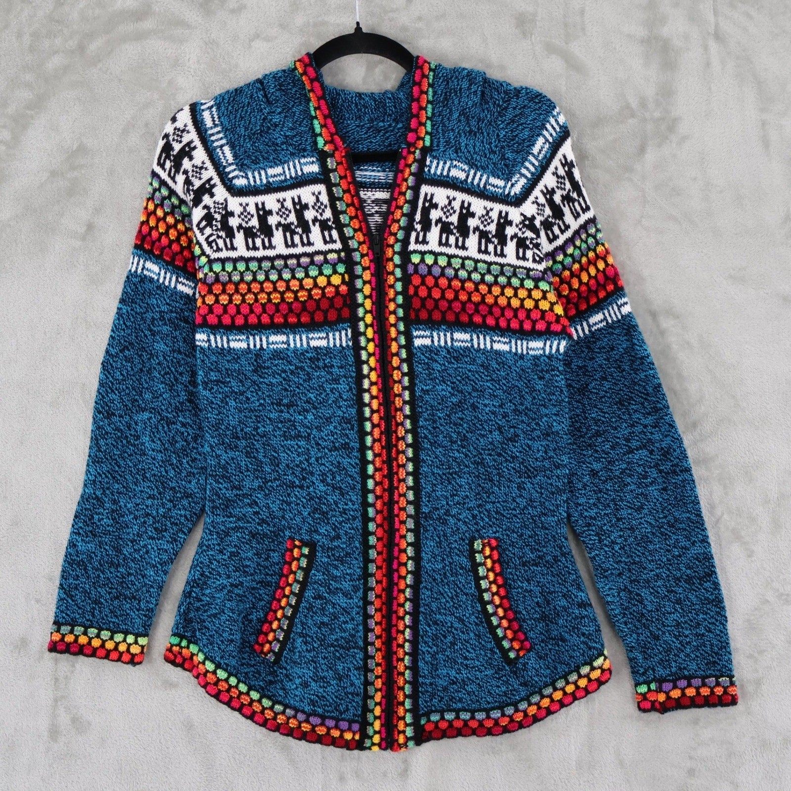 Peruvian Alpaca Llama Nordic Full Zip Hooded Sweater Womens S Blue Tribal  Boho