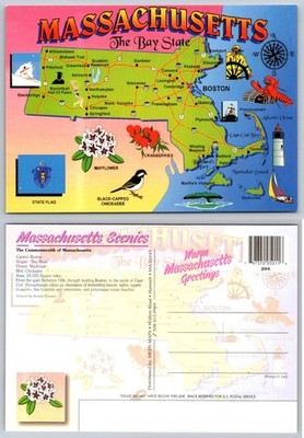 Massachusetts Map Postcard Bay State Scenics Arnold Elovaar Travel Souvenir
