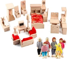 5 Set Dollhouse Furniture Accessories Wooden Bathroom/Living Room/Dining Room/Be