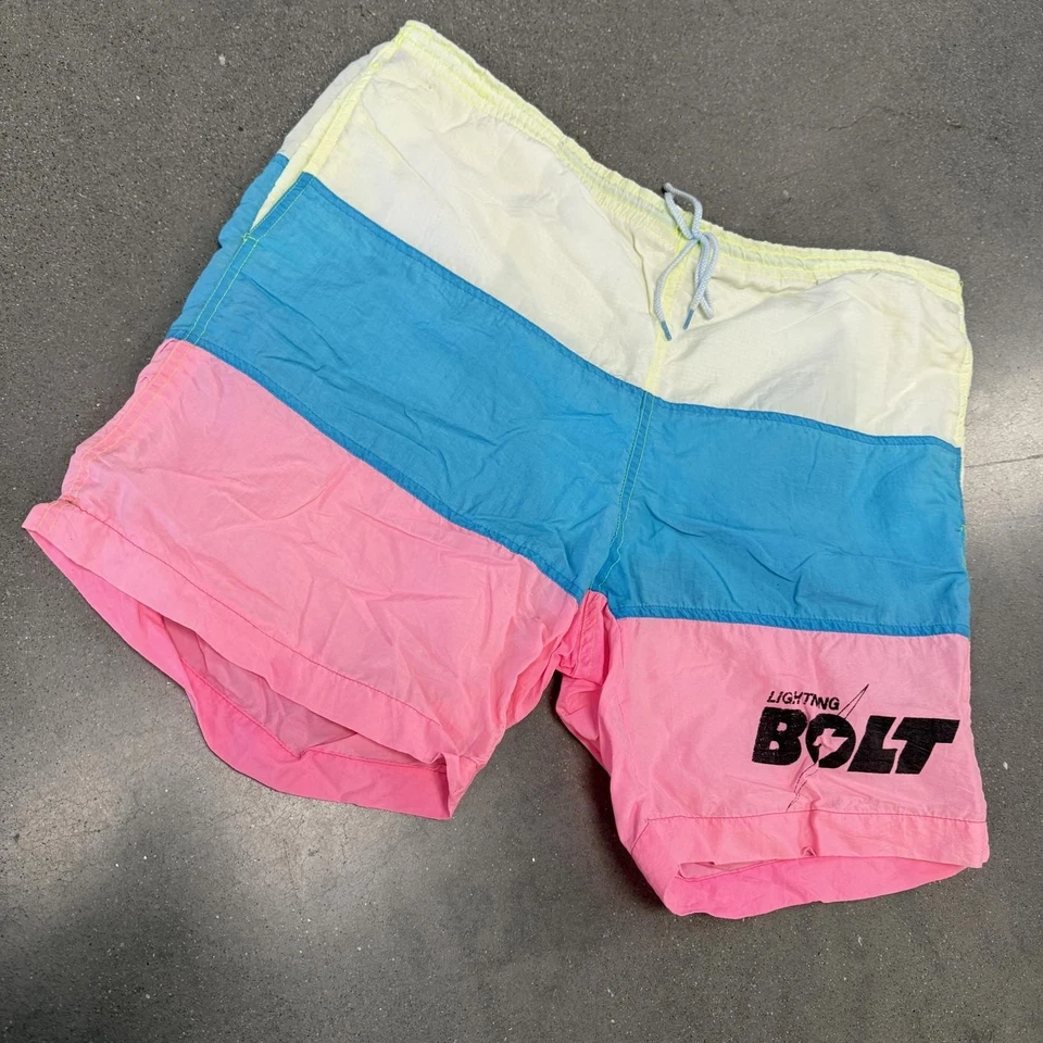 Bañador Retro Lightning Bolt Para Hombre’s L Neón Estilo Años 80 Rosa Azul Amarillo Surf Foto 2 de 4