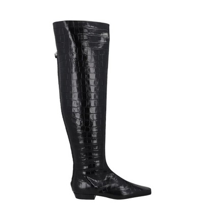 TOTEME Damen Kniehohe Stiefel Schwarz Leder Slipper Spitz Kroko UK 3 UVP 770
