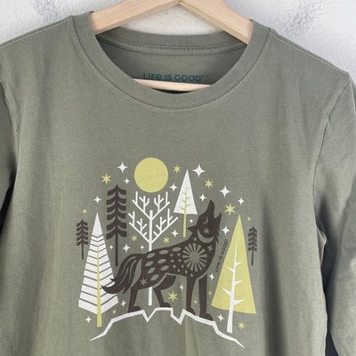 Life is Good Womens Small Long Sleeve Tee Olive Green Howling Wolf Stars Shirt