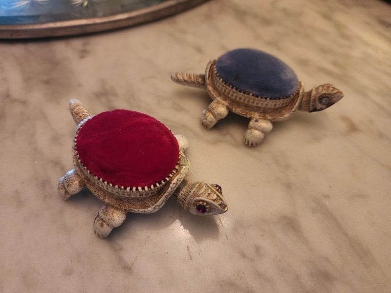 Florenza Vintage Turtle Pin Cushions Lot of 2 - Red & Blue