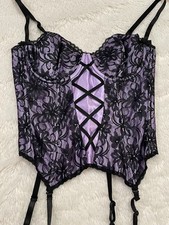 SATIN Floral Lace CORSET Bustier Top 34 Vampy Black Purple Vtg Y2K Fredericks