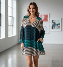 ECI Dress Size 10 Mini Flowy Beige Teal Green Swing Bell Sleeve Retro Boho Indie