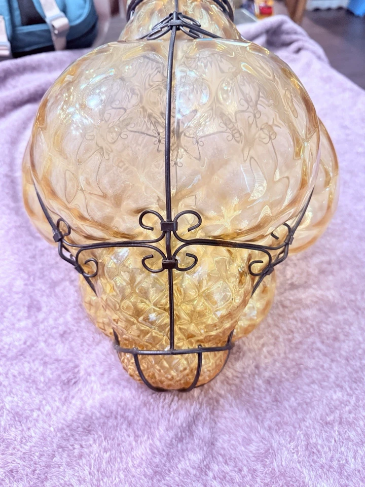 Seguso Murano Amber & Smokey Caged Glass Lantern Pair — Hand-Blown Italy - Image 4 of 4