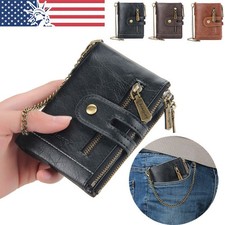 Mens Chain Wallet Genuine Leather RFID Biker Trucker Zip Bifold with Coin Pocket