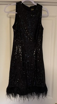 Taylor Black Sequin Shift Dress Fringe Hem Sleeveless Round Neck Zip Size 6