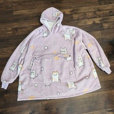 Adult Oversize Hoodie Wearable Blanket Lavender Cat Print Sherpa Lined Soft Cozy