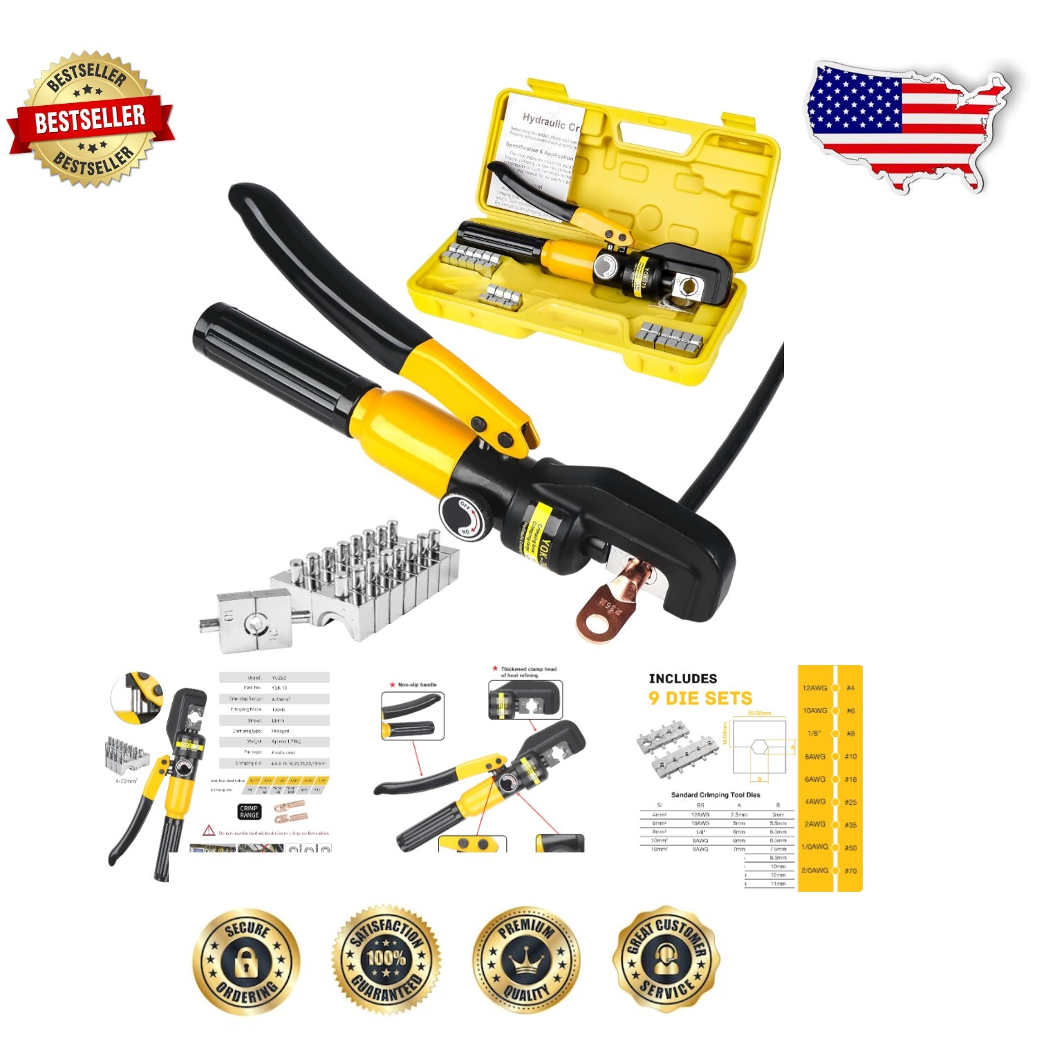 Durable Battery Cable Crimping Tool 10 Tons with Ergonomic Grip and Hex Dies