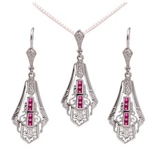 Pendant Earring set Sterling silver Natural Ruby Art Deco Jewelry