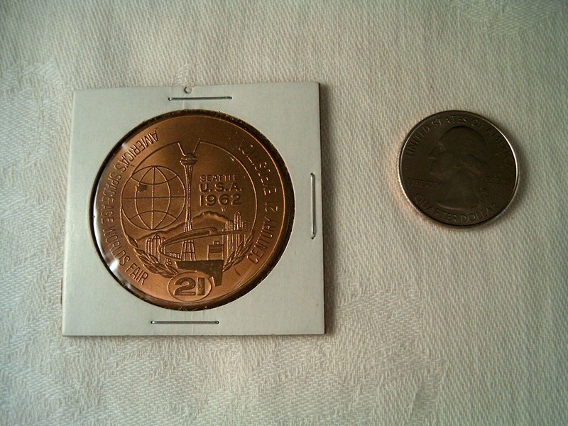 1962, SEATTLE, AMERCIA'S SPACE AGE WORLDS FAIR, CENTURY 21 EXPO ONE DOLLAR COIN.