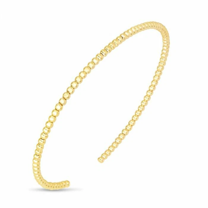 14K Gold Beaded Cuff Bracelet – Minimalist Stackable Solid Gold Open Bangle B770 - Image 3 of 4