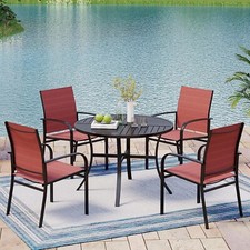5-Piece Outdoor Patio Dining Set 42" Round Table with Umbrella Hole 4 Chairs Red
