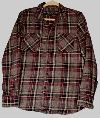 American Rag Button Up Flannel Shirt Mens M Gray Plaid 100% Cotton Pockets
