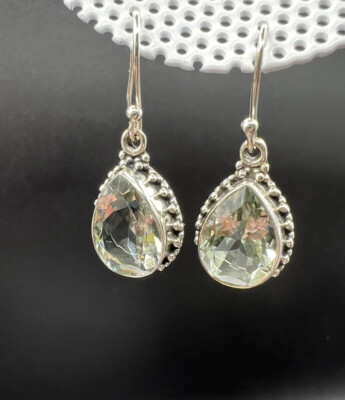 YS India Sterling Silver , Faceted Green Prasiolite Dangle Pierced Earrings