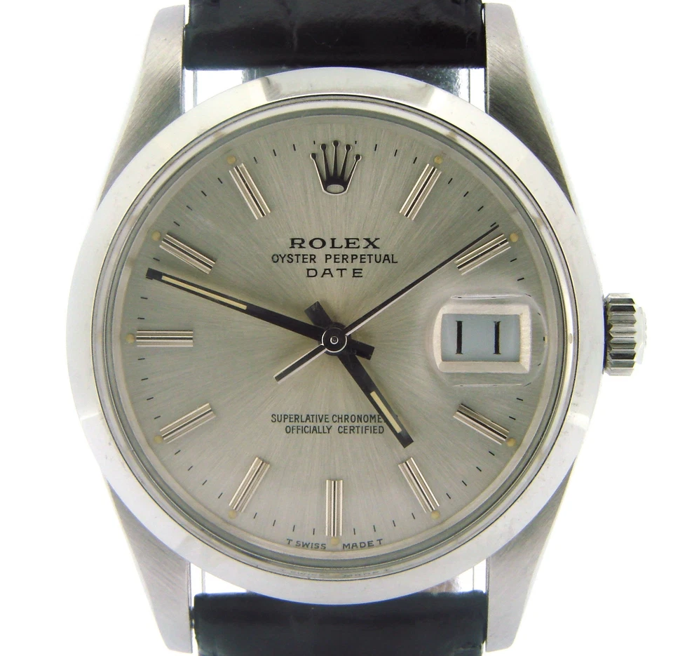 Men Rolex Date Stainless Steel Watch Quickset Black Band Silver Stick Dial 15000
