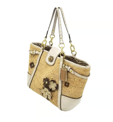 Coach Straw Floral Embellished Zip Top Bag W/Leather Trim & Turn
