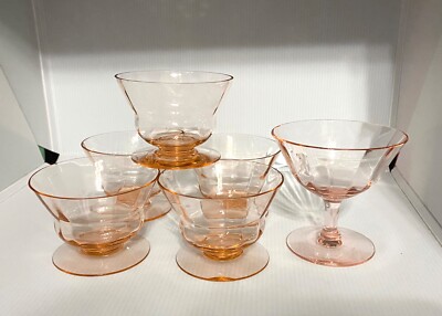 Vintage Pink Depression Glass 5 Plus 1 Ribbed Optic Footed Sherbet/Dessert Cups