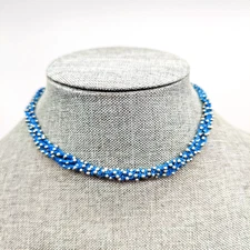 Beautiful ZAD Woman's Fashion Blue Crocheted Silver Bead Choker Style Necklace