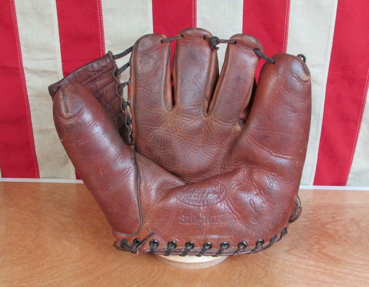 レア ヴィンテージ ストライプデザイン 木製 & レザー バスケット 1950s Vintage 1950s JC Higgins Leather Baseball Glove Fielders Mitt Sid