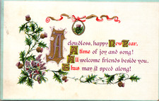 A Cloudless Happy New Year Purple Thistle Flowers Embosed Postcard