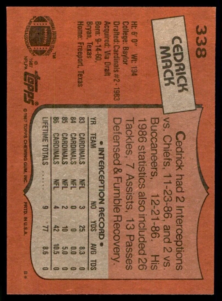 1987 Topps Cedrick Mack B Football Cards #338 - Image 2 of 2