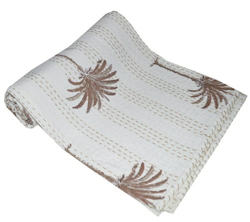 Edredón indio reversible Kantha blanco doble manta arte de lanzamiento - Imagen 3 de 5