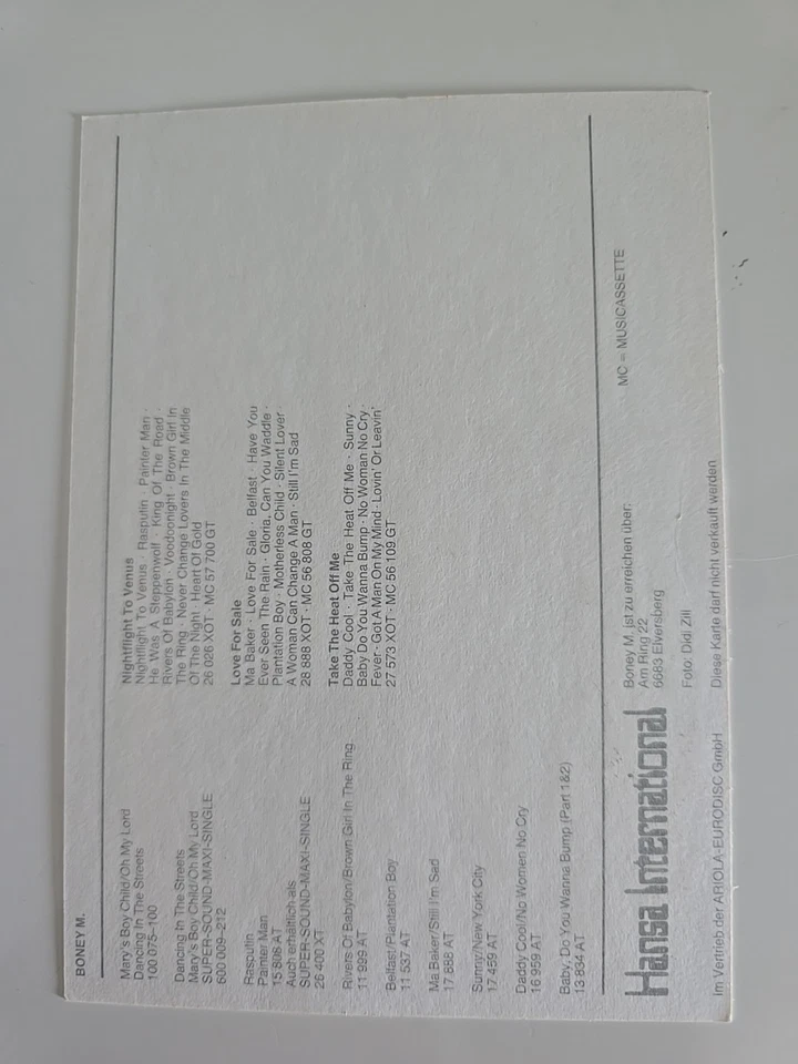 BONEY M original Autogrammkarte Hansa Drucksigniert 10x15 cm - Bild 2 von 2
