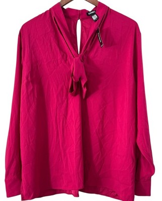 NWT Express Women Pussy Bow Top Blouse Long Sleeve Size XL V Neck Red Career