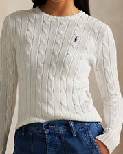Polo Ralph Lauren White Cable-Knit Crewneck Pullover Sweater Pony Logo S