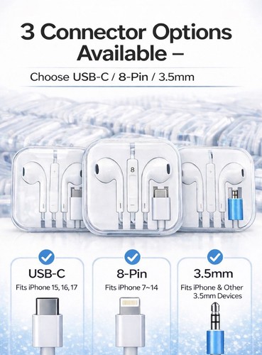LOT Wired Earbuds USB-C /8-Pin / 3.5mm Headphones Mic Fit iPhone Android Phones