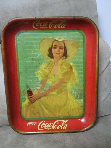 VINTAGE ORIGINAL 1938 COCA-COLA TRAY- LADY IN YELLOW DRESS with Coke BOTTLE