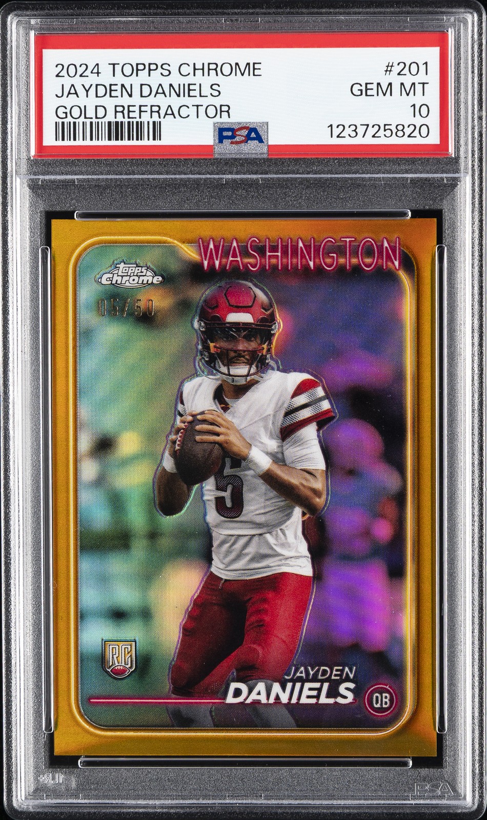 2024 TOPPS CHROME GOLD REFRACTOR #201 JAYDEN DANIELS 5/50 PSA 10