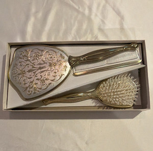 KS Merchandise 3-Piece Vanity Set Hand Mirror Brush Comb Gold Floral Box
