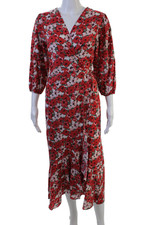 Rixo Womens Wrap Maxi Dress Red Cotton V Neck 3/4 Sleeve Tie Waist Size XS