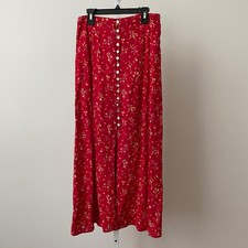 VTG Mixed Blues Boho Prairie Floral Button Down Maxi Skirt Medium Red